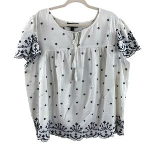 Lane Bryant White w/Blue Embroidery Cotton Linen Blend Short Sleeve Blouse Sz 18